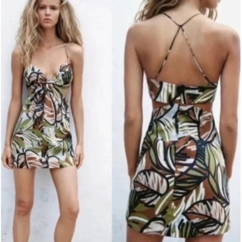 Zara Tropical Leaf Print‎ Cutout Mini Dress Linen Blend Green Brown V-Neck Small